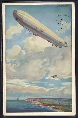 Künstler-AK Hans Rudolf Schulze: Reichsmarineluftschiff, Wacht an der deutschen Ostseeküste, Zeppelin