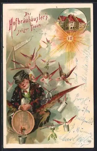 Lithographie Münchner Hofbräuhaus, Mann auf einem Bierfass, Engel
