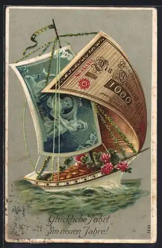 AK Segelschiff mit Geldscheinsegeln und Geldsäcken an Bord