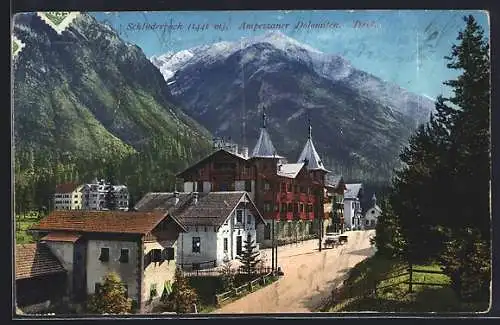 AK Schluderbach, Tirol, Strassenpartie mit Ampezzaner Dolomiten