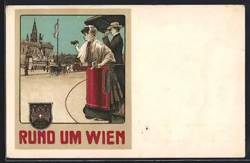 AK Wien, Paar mit Fernglas bei einer Rundfahrt mit der Strassenbahn