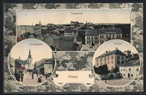 AK Prerau /Prerov, Strassenpartie der Kirchengasse, Schloss, Gesamtansicht