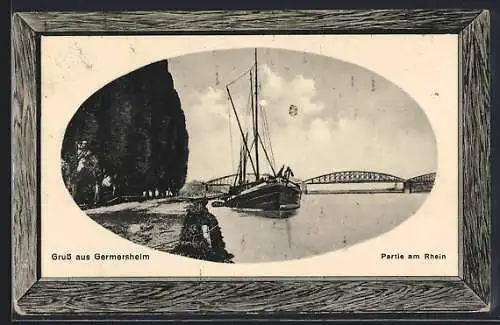 AK Germersheim, Partie am Rhein m. Schiff, geprägter Rahmen