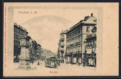 AK Frankfurt a. M., Zeil mit Uhrturm und Pferdebahn