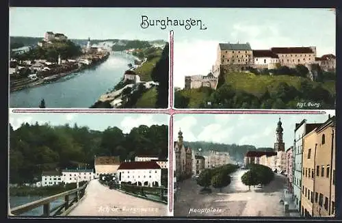 AK Burghausen / Salzach, Panoramaansicht, Kgl. Burg, Hauptplatz