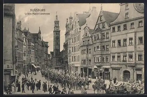AK Augsburg, Militärparade durch die untere Maximilianstrasse