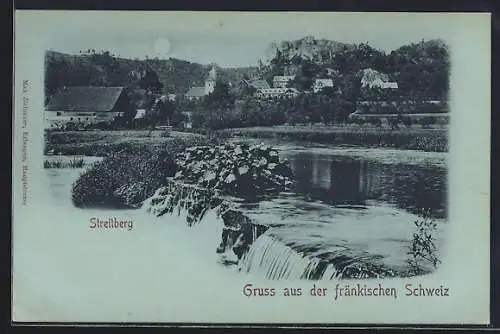 Mondschein-AK Streitberg /Fränkische Schweiz, Wasserfall mit Burgruine