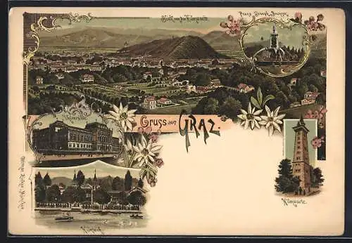 Lithographie Graz, Universität, Hilmteich, Hilmwarte, Franz Josef-Brunnen und Totalansicht