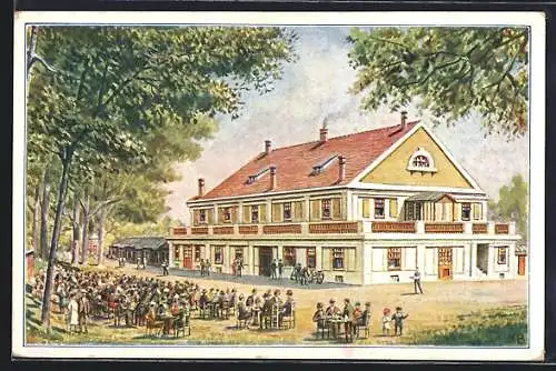 Künstler-AK Wien-Lainz, Waldschenke im Lainzer Tiergarten mit Gästen