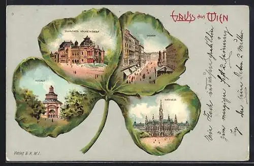 Passepartout-Lithographie Wien, Kleeblatt mit Rotunde, Deutsches Volkstheater, Graben und Rathhaus