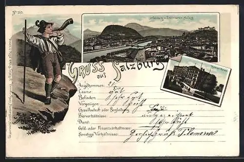 Lithographie Salzburg, Hotel de l`Europe, Aussicht vom electrischen Aufzug