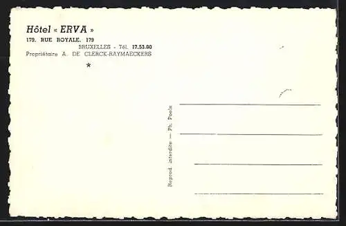 AK Bruxelles, Hôtel Erva, Rue Royale 179, Propr. A. de Clerck-Raymaeckers