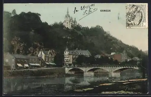 AK Esneux, Uferpartie mit Schloss und Brücke