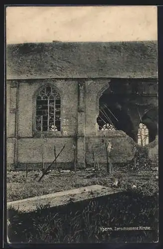 AK Ypern, Zerschossene Kirche