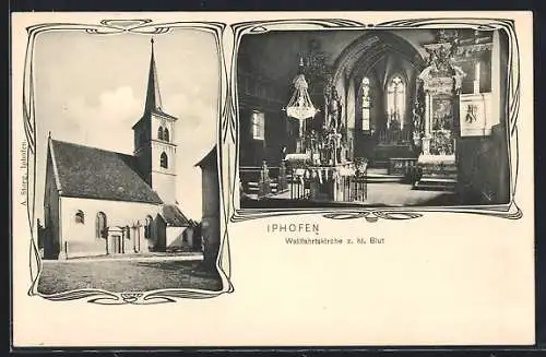 AK Iphofen, Wallfahrtskirche zum heiligen Blut, Aussenansicht und Innenansicht mit Altar und Kanzel
