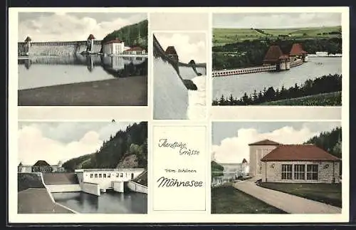 AK Möhnesee /Soest, Blick auf den Ort und die Talsperre