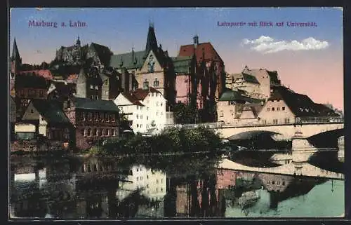 AK Marburg a. Lahn, Lahnpartie mit Blick auf die Universität, Hauptbahnhofs-Wirtschaft Sohl