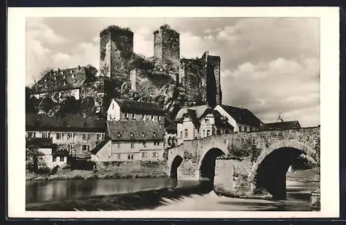 AK Runkel /Lahntal, Blick auf die Burg mit Fluss und Brücke