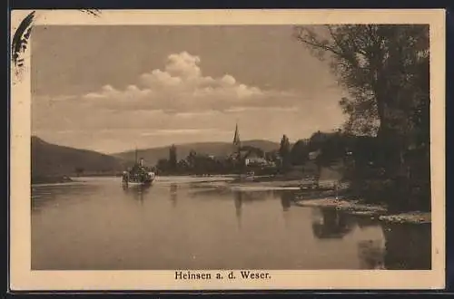 AK Heinsen a. d. Weser, Blick auf den Ort mit Fluss und Dampfer
