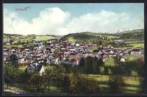 AK Miesbach, Blick auf den Ort mit Bergen im Hintergrund