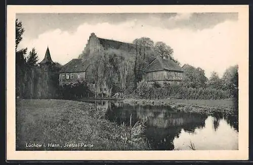 AK Lüchow i. Hann., Jeetzel-Partie mit Weiden und Häusern