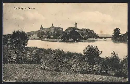 AK Neuburg a. Donau, Uferpartie mit Blick zum Ort