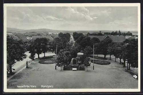 AK Hasselfelde /Harz, Marktplatz mit Denkmal