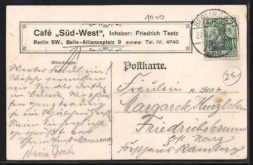 AK Berlin-Kreuzberg, Café Süd-West v. Friedrich Teetz am Belle-Allianceplatz 9, Innenansicht