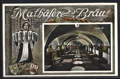 AK München, Gasthaus Mathäser-Bräu v. B. Rechthaler, Halle III, Münchner Kindl im Passepartout