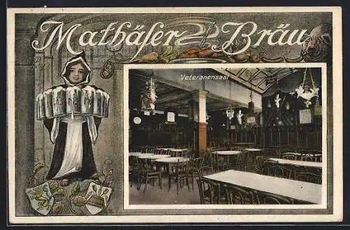 AK München, Gasthaus Mathäser-Bräu, Veteranensaal, Münchner Kindl im Passepartout