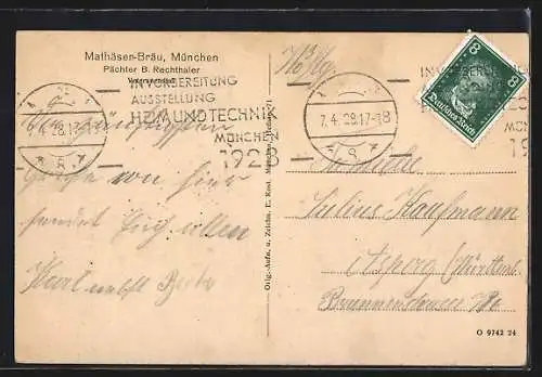 AK München, Gasthaus Mathäser-Bräu, Veteranensaal, Münchner Kindl im Passepartout
