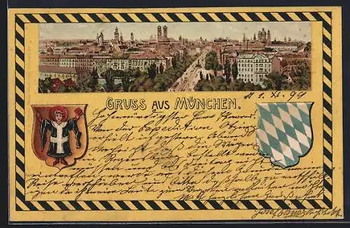 Lithographie München, Totalansicht, Wappen mit Münchner Kindl im Passepartout