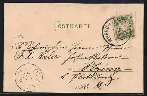 Lithographie München, Totalansicht, Wappen mit Münchner Kindl im Passepartout