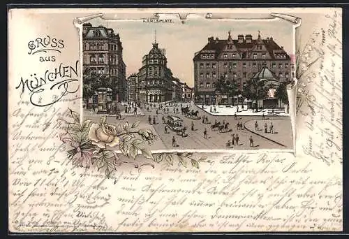 Lithographie München, Pferdebahn auf dem Karlsplatz