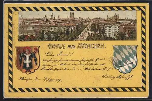 Lithographie München, Totalansicht mit Wappen im Passepartout