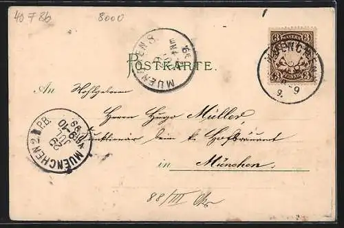 Lithographie München, Totalansicht mit Wappen im Passepartout