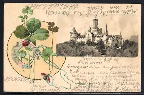 Lithographie Marienburg / Nordstemmen, Blick auf das Schloss, Glücksklee und Hufeisen im Passepartout