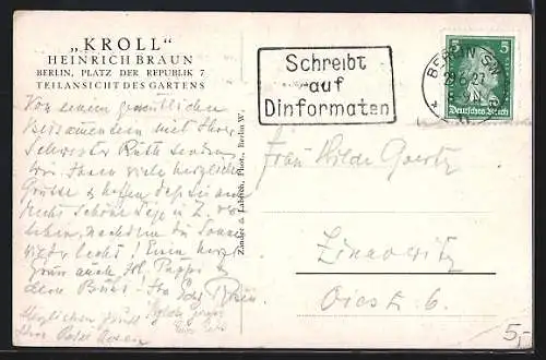 AK Berlin-Tiergarten, Gasthaus Kroll v. Heinrich Braun, Platz der Republik 7, Teilansicht des Gartens