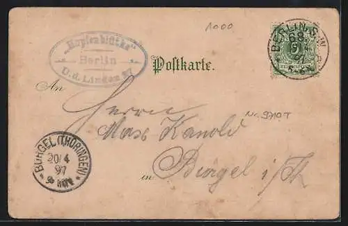 Lithographie Berlin, Gasthaus Hopfenblüte, Unter den Linden 27, Frau mit Bierkrügen auf fliegendem Fass
