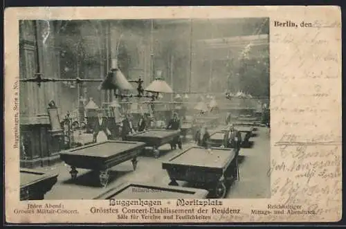 AK Berlin-Kreuzberg, Das Gasthaus Buggenhagen am Moritzplatz, Billard-Saal