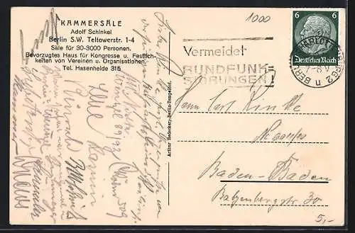 AK Berlin-Kreuzberg, Gasthaus - Etablissement Kammersäle, Teltowerstrasse 1-4, Cäcilien-Saal