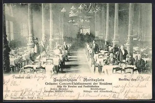 AK Berlin-Kreuzberg, Restaurant Buggenhagen, Moritzplatz, Unterer Saal, Innenansicht