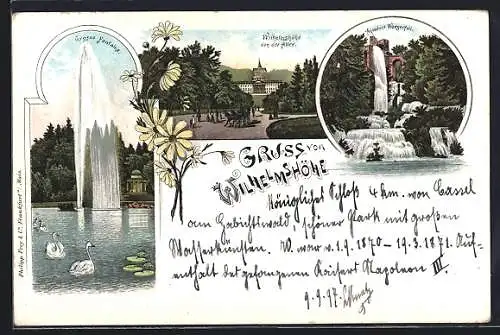 Lithographie Kassel-Wilhelmshöhe, Schloss von der Allee, Aquaduct-Wasserfall