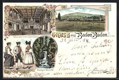 Lithographie Baden Baden, Grosser Saal im Conversationshaus, Geroldsauer Wasserfall, Lawn-Tennis
