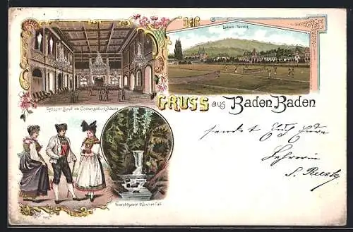 Lithographie Baden Baden, Grosser Saal im Conversationshaus, Geroldsauer Wasserfall, Lawn-Tennis