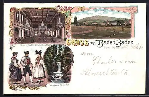 Lithographie Baden-Baden, Grosser Saal im Conversationshaus, Lawn-Tennis, Geroldsauer Wasserfall