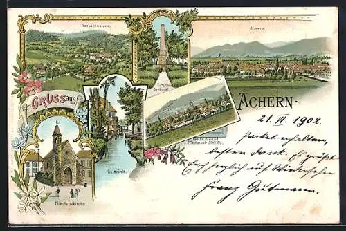 Lithographie Achern, Nicolauskirche, Oelmühle, Ortsansicht