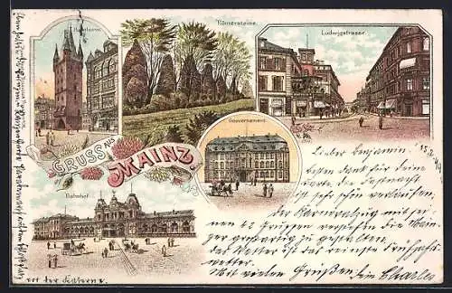 Lithographie Mainz, Römersteine, Holzturm, Bahnhof