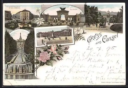 Vorläufer-Lithographie Cassel, 1895, Wilhelmshöhe von der Allee, Friedrichs-Platz, Au-Tor