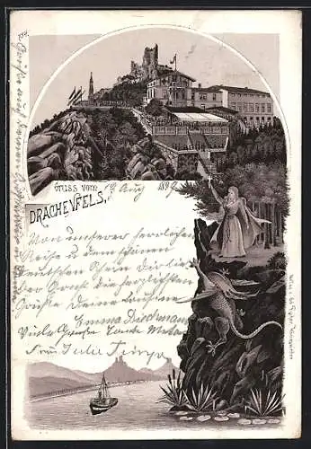 Lithographie Drachenfels, Ansicht mit Ruine, Segelschiff